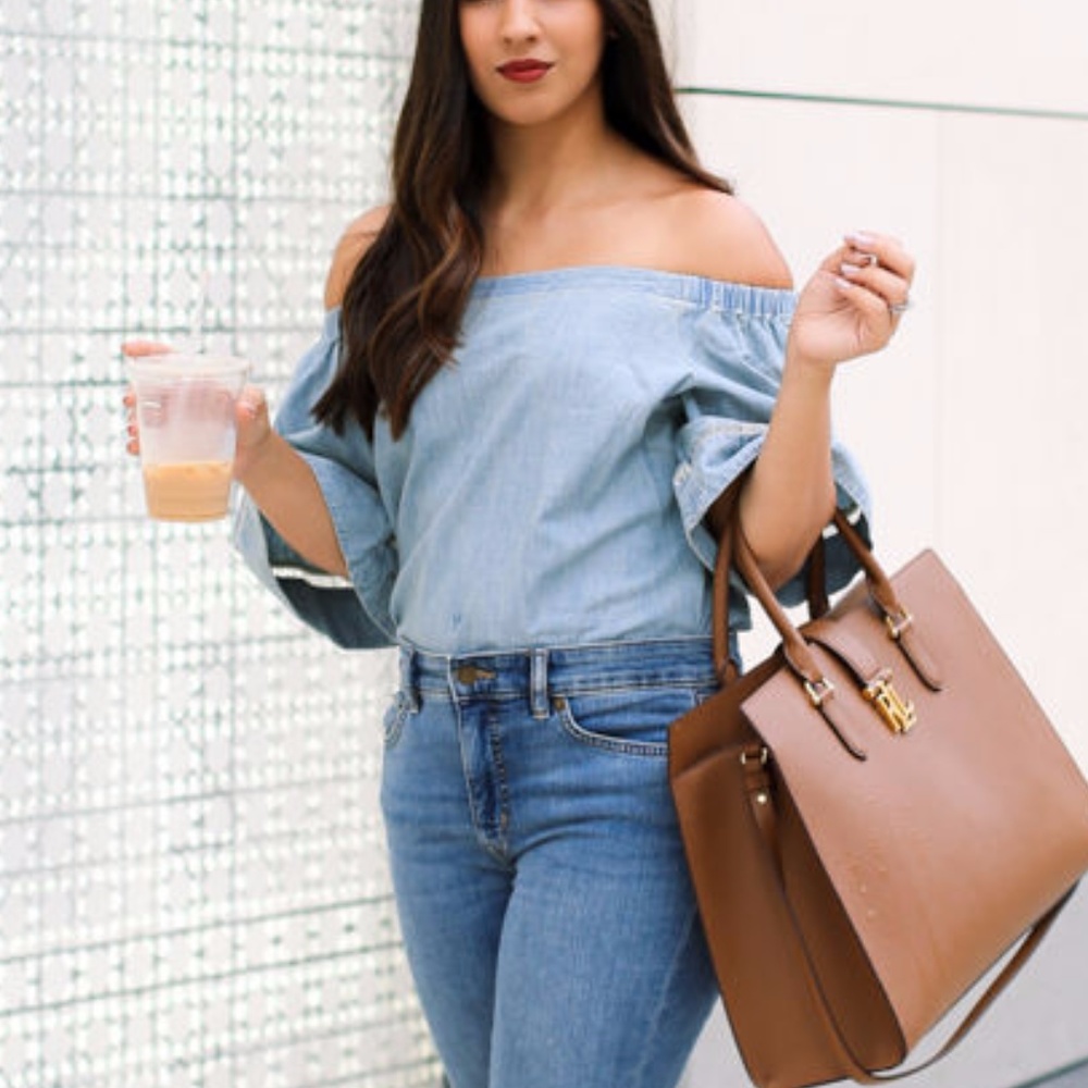 OFF SHOULDER RALPH LAUREN CHAMBRAY TOP